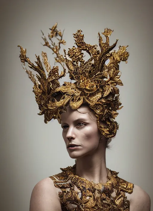 Prompt: a portrait of elizabeth cuthbert by stefan geselle and nekro borja, photorealistic, intricate details, hyper realistic, fantasy, elegant, baroque gold headpiece, photorealistic, canon r 3, photography, wide shot, symmetrical features, symmetrical pose, wide angle shot, head to toe, standing pose, feet on the ground, wearable art