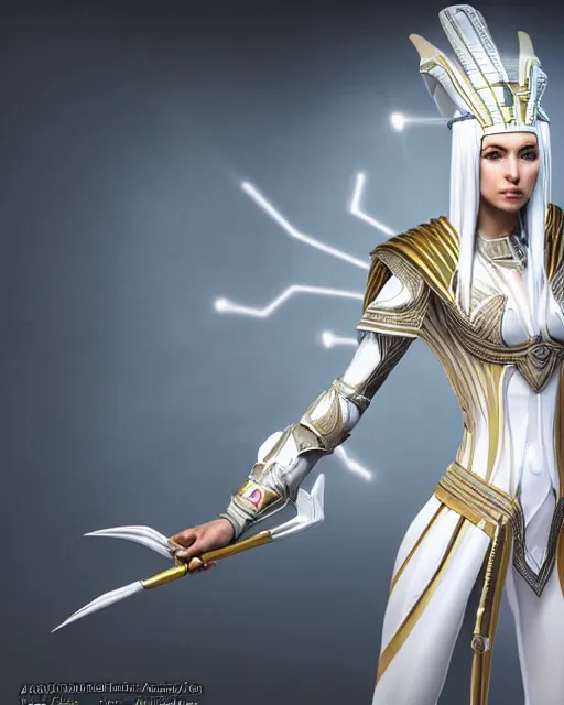 Image similar to perfect white haired attractive egyptian goddess, warframe armor, pharaoh headdress, beautiful, symmetric, dreamy, half asian, pretty face, green eyes, charlize theron, detailed, scifi platform, laboratory, experiment, 4 k, ultra realistic, epic lighting, android body, illuminated, cinematic, masterpiece, art by akihito tsukushi, voidstar