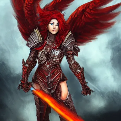 Red Haired Badass Woman With Wings, Paladin, Armored 