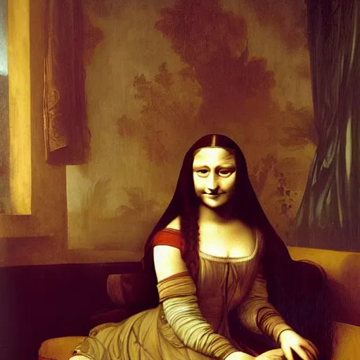 Image similar to Monalisa is sitting on her living room couch. She is dressed casually and is watching TV, Regal, Realistic, Refined, Detailed Digital Art, Josephine wall, Oil Painting, William-Adolphe Bouguereau, Art Frahm, Esao Andrews, Steampunk, Walt Disney (1937), Highly Detailed, Cinematic Lighting, Unreal Engine, 8k, HD