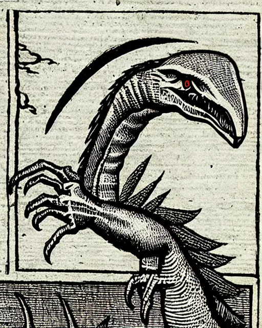 Image similar to b & w woodcut of a velociraptor from the nuremberg chronicle, 1 4 9 3, restored, hq scan