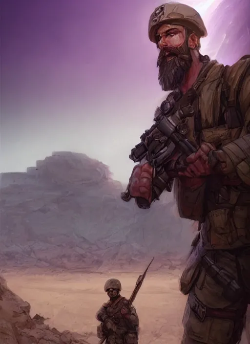 Image similar to purple lighting, detailed character portrait concept art, white male strong muscular mature soldier with beard and short hair in a soldier uniform, desert with city in the background, sharp focus, illustration, highly detailed, digital painting, concept art, matte, art by wlop and artgerm and greg rutkowski, masterpiece