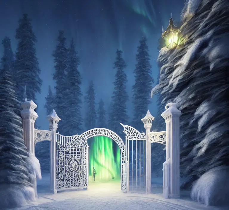 Prompt: a very detailed concept art of intricate and well designed white gates to santa's northpole, infused with aurora borealis by greg rutkowski, dynamic lighting, trending on artstation, path traced, highly detailed, high quality, digital painting,, digital art, 4 k, hyper realistic, octane render, sharp focus