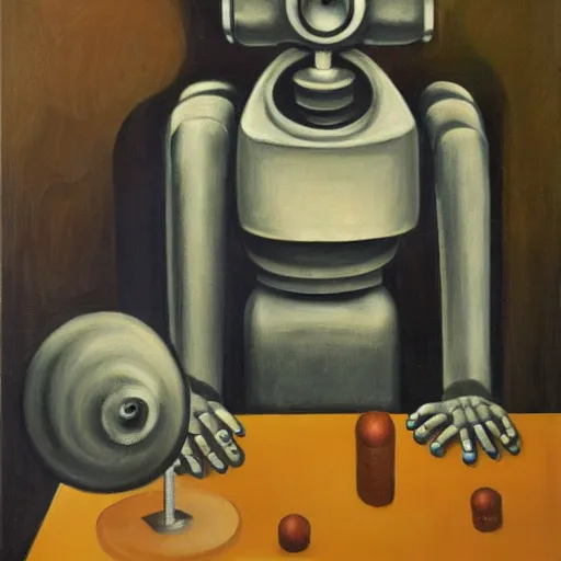 Prompt: robot judge, guards, chambers, brutalist, dystopian, pj crook, edward hopper, oil on canvas