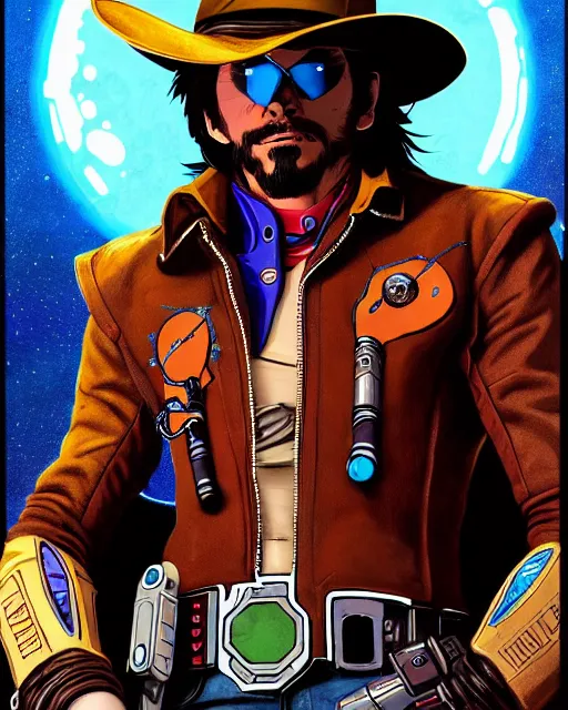 Image similar to mccree from overwatch, cyber space cowboy, character portrait, portrait, close up, concept art, intricate details, highly detailed, vintage sci - fi poster, retro future, vintage sci - fi art, in the style of chris foss, rodger dean, moebius, michael whelan, and gustave dore