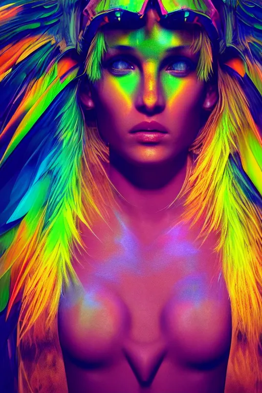 Prompt: a psychedelic close-up shot from below of a beautiful athletic woman with a parrot head, clear dark background, object spotlight, octane render, HD, 8k, hyper realism, beautiful color pallet, epic, synthwave art style