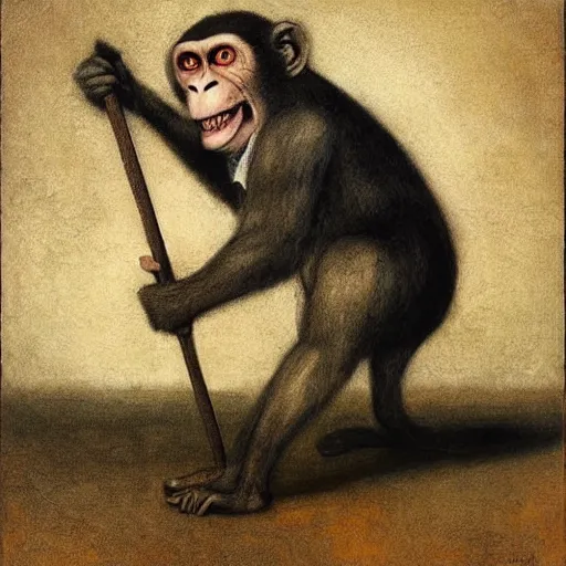 Image similar to Clever monkey with a long knife, very detailed and colorful, by Santiago Caruso, by Odd Nerdrum, by Francisco Goya, beautiful, eerie, surreal, psychedelic