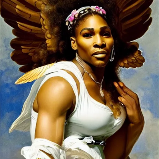 Image similar to Portrait of Serena Williams as Nike Goddess, large wings, luxuriant, dreamy, eternity, romantic, strong pose, highly detailed, in the style of Franz Xaver Winterhalter, highly detailed, in the style of Aetherpunk