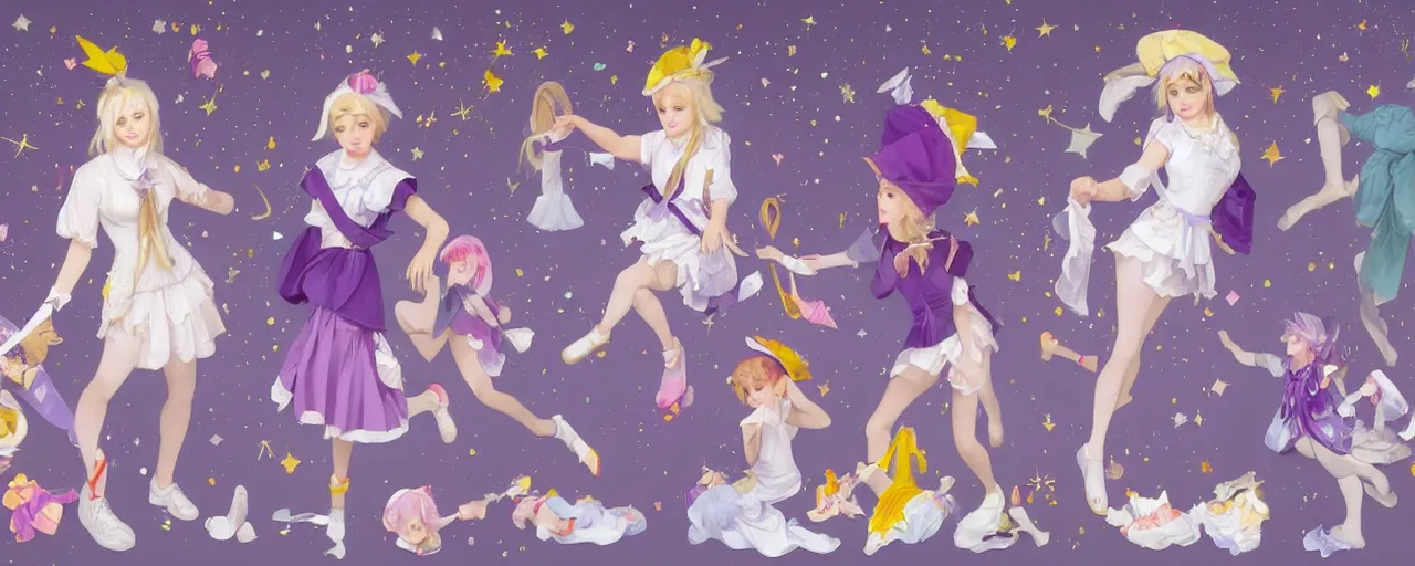 Image similar to A character sheet of full body cute magical girls with short blond hair wearing an oversized purple Beret, Purple overall shorts, Short Puffy pants made of silk, pointy jester shoes, a big billowy scarf, and white leggings. Rainbow accessories all over. Flowing fabric. Covered in stars. Short Hair. Art by Johannes Helgeson and william-adolphe bouguereau and Paul Delaroche and Alexandre Cabanel and Lawrence Alma-Tadema and WLOP and Artgerm. Fashion Photography. Decora Fashion. harajuku street fashion. Kawaii Design. Intricate, elegant, Highly Detailed. Smooth, Sharp Focus, Illustration Photo real. realistic. Hyper Realistic. Sunlit. Moonlight. Dreamlike. Fantasy Concept Art. Surrounded by clouds. 4K. UHD. Denoise.