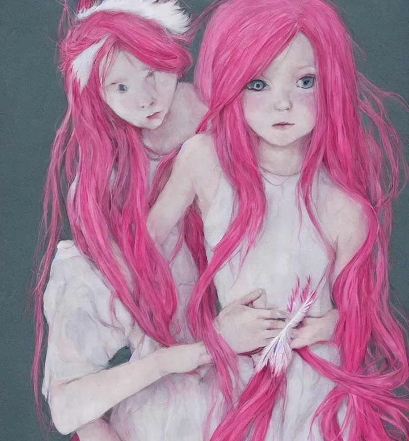 Prompt: little girl with eccentric pink hair wearing a dress made of white feather, anatomically perfect, art by dcwj,