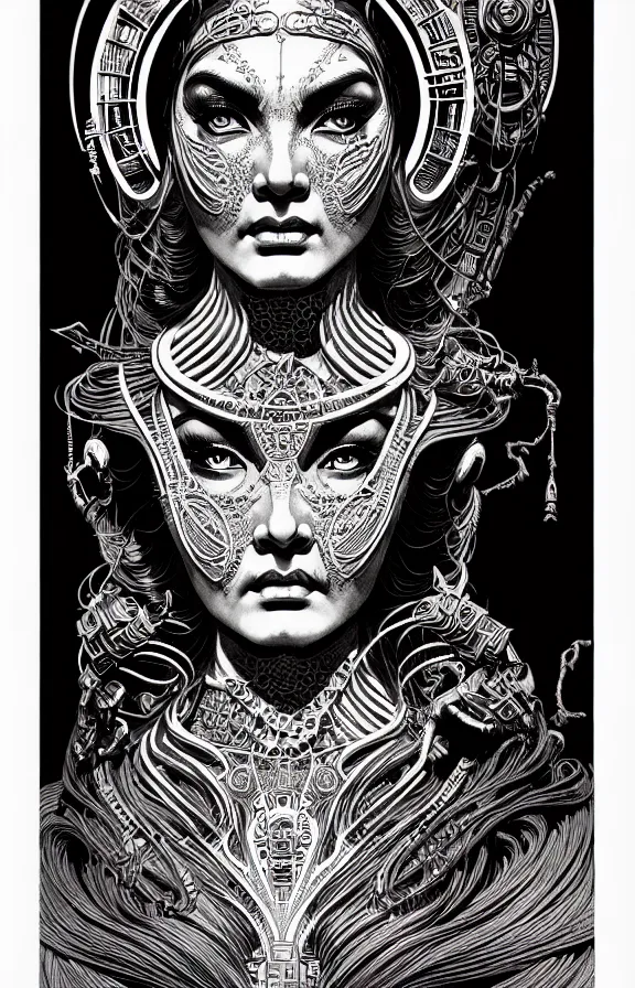 Image similar to ancient goddess, extremely detailed, bold line art, by vincent di fate and joe fenton and artgerm, oizys, inking, etching, screen print, inkblots of color, masterpiece, trending on artstation, sharp, high contrast, hyper realistic, hd, 4 k, 8 k