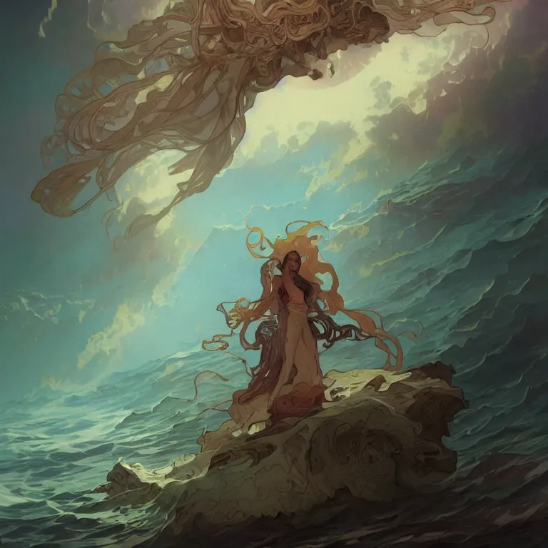 Prompt: bright eyes full of cosmic nebulae drowning in a boiling ocean, concept art, nostalgic melancholic artwork, by Peter Mohrbacher and Alphonse Mucha, detailed, style, 8k, trending on artstation, unreal engine 4k, detailed, clean background trending, full shot, symmetrical portrait, sophisticated, Unreal engine, dystopia, anti-utopia, post processing, psychadelic