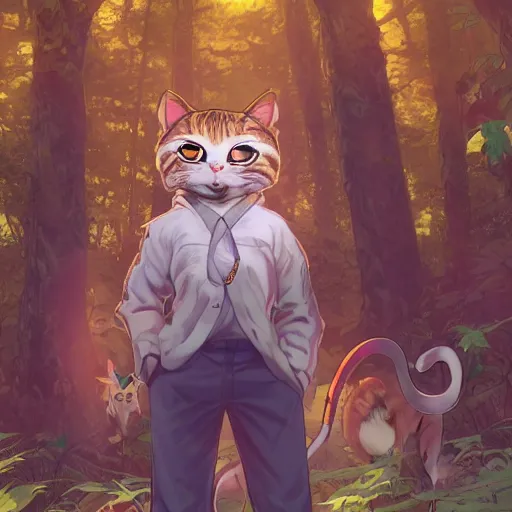 Image similar to character portrait of the anthro anthropomorphic cat head animal person fursona standing in the bright forest, hidari, color page, tankoban, 4 k, tone mapping, akihiko yoshida