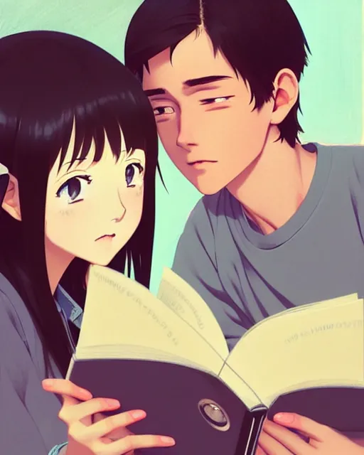 Image similar to cute girl reading book with her boyfriend, shy emotion. | very very anime!!!, fine - face, audrey plaza, realistic shaded perfect face, fine details. anime. very strong realistic shaded lighting poster by ilya kuvshinov katsuhiro otomo ghost, magali villeneuve, artgerm, jeremy lipkin and michael garmash and rob rey