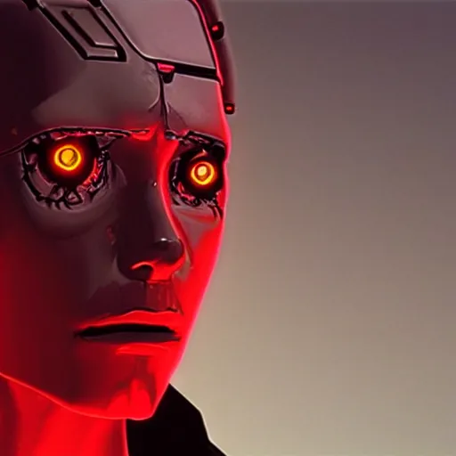Prompt: a film still of a cyborg with glowing red eyes, artwork by caravaggio