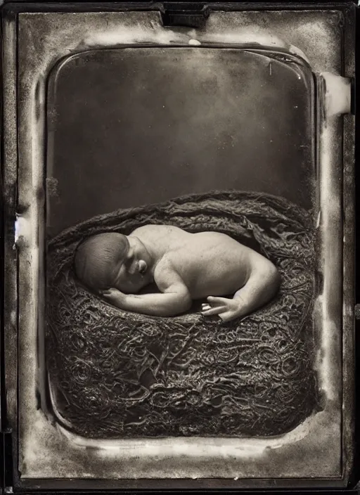 Image similar to old wetplate daguerreotype birth of artificial baby futuristic life, fractal, intricate, elegant, highly detailed, parallax, leica, medium format, subsurface scattering, by jheronimus bosch and greg rutkowski and louis jacques mande daguerre