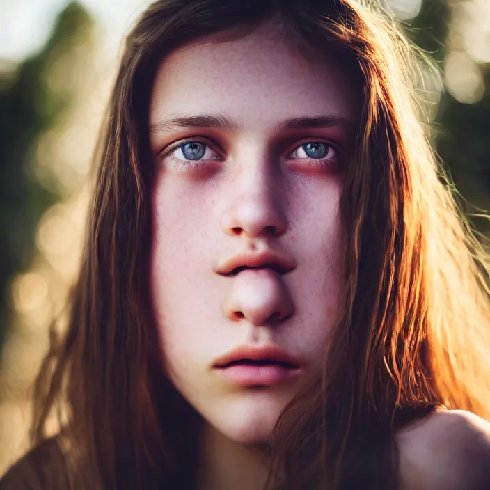 Prompt: Kodak Portra 400, 8K, highly detailed, britt marling style 3/4 dramatic photographic extreme close-up face of a extremely beautiful girl with clear eyes and brown hair , illuminated by a dramatic light, Low key lighting, light dark, dramatic , dark background, high quality, photo-realistic.