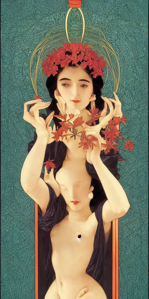 Image similar to an art deco tarot card, ikebana, symmetric, highly detailed, elegant, concept art, sharp focus, illustration, alexandros pyromallis, bouguereau, rutkowski, artgerm, tamara de lepika, alphonse mucha