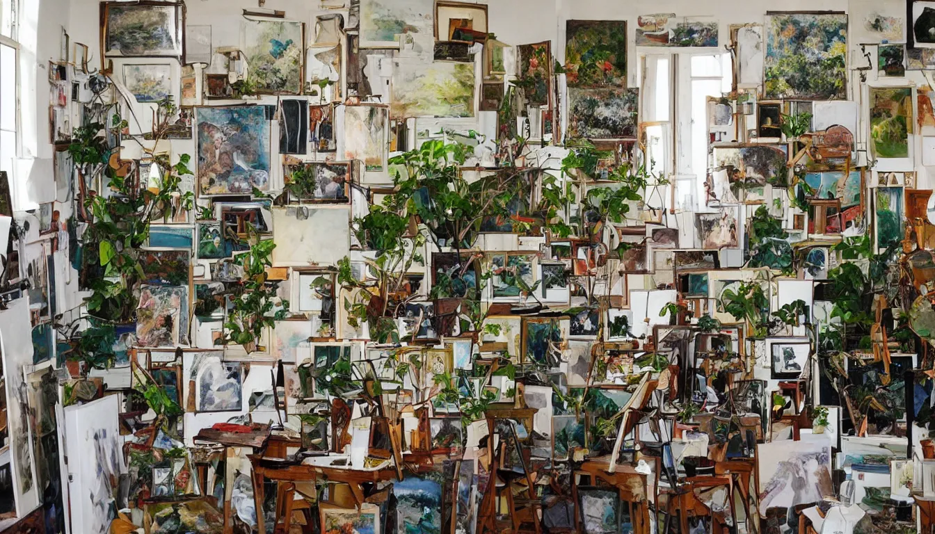 Prompt: old artist's studio filled with paintings, plants, and trees, photograph