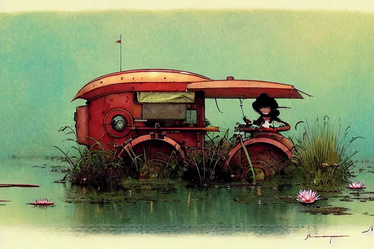 Image similar to adventurer ( ( ( ( ( 1 9 5 0 s retro future robot mouse wagon vehical home. muted colors. swamp. water lilies ) ) ) ) ) by jean baptiste monge!!!!!!!!!!!!!!!!!!!!!!!!! chrome red
