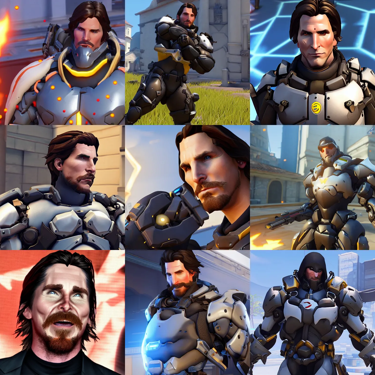 Prompt: closeup gameplay screenshot of christian bale in overwatch,