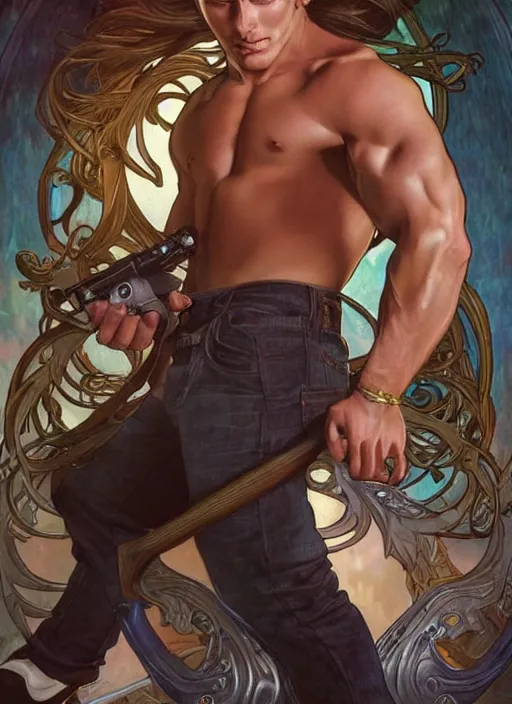 Image similar to photorealistic, canon eos 5 d mark iv, pretty muscular dean winchester as a character in romance book art design, character concept, sharp focus!, ultra detailed, art by artgerm alphonse mucha, wlop