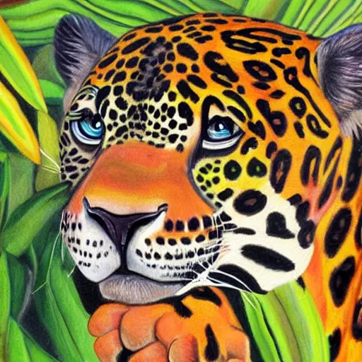 Image similar to a velvet painting of a colorful jaguar in a jungle scene by edgar leeteg