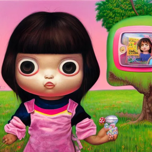 Prompt: portrait of real girl dora the explorer standing sulking,painted by and mark ryden and hikari shimoda, lowbrow pop surrealism