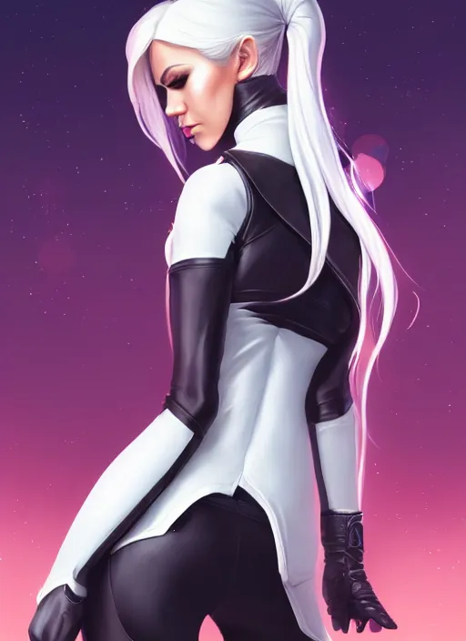 Prompt: backveiw picture of elf rogue, female, beautiful, white skin, ponytails, alluring, skintight leather clothes, curves, short coat, face details, extremely detailed, smooth, sharp focus, digital illustration, by artgerm, rossdraws, sakimichan