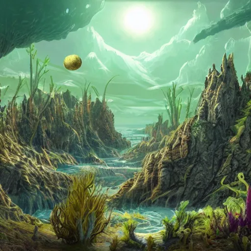 Image similar to An otherwordly, alien landscape with strange plants and creatures.