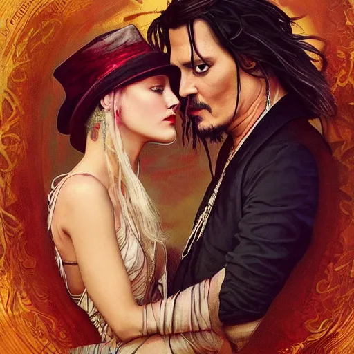 Prompt: johnny depp and amber heard on the style and color pallete of fleetwood mac's album rumours, intricate, elegant, highly detailed, digital painting, artstation, smooth, sharp focus, illustration, art by artgerm and greg rutkowski and alphonse mucha, cinematic