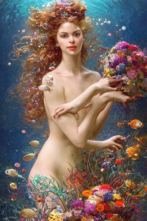 Image similar to portrait of a beautiful mysterious woman holding a bouquet of flowing flowers, hair flowing upwards, small bubbles from her mouth, hands hidden under the bouquet, submerged underwater filled with colorful small fish and coral reef, fantasy, regal, intricate, by stanley artgerm lau, greg rutkowski, thomas kindkade, alphonse mucha, loish, norman rockwell