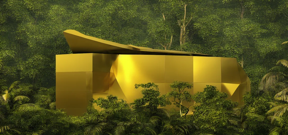 Prompt: futuristic shinny golden building camouflaged in an jungle landscape of a solarpunk world by oscar niemeyer, golden roads le corbusier and frank gerhy, brutalism, movie poster, golden ratio, at dusk lighting, evening lighting, reflections and refractions, film still, hyper realistic, octane render redshift arnold materials unreal engine, 8 k post production, hyper detailed