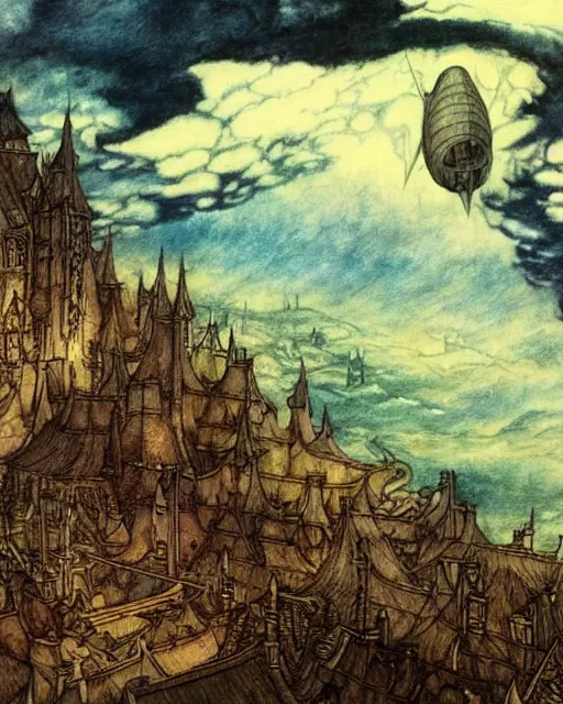 Image similar to Fantasy village, view of the sky above. The sky is completely covered to the horizon by an incredibly huge airship-like ship. The ship flies among the clouds. Dark colors, extremely high detail, realistic, dark fantasy art, masterpiece, 8k, octane rendering, Arthur Rackham painting, art by Victoria Frances, Frank Frazetta.