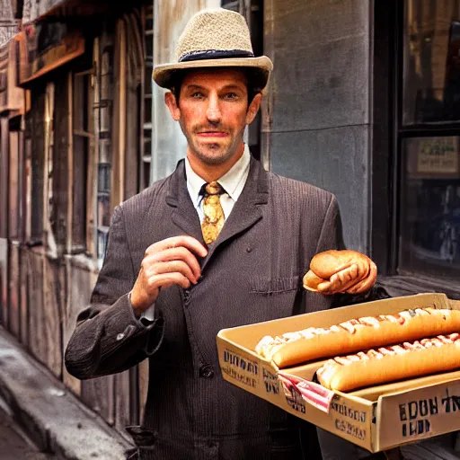 Prompt: closeup portrait of a shady snake oil salesman selling hotdogs in dimly lit new york back street, by Annie Leibovitz and Steve McCurry, natural light, detailed face, CANON Eos C300, ƒ1.8, 35mm, 8K, medium-format print