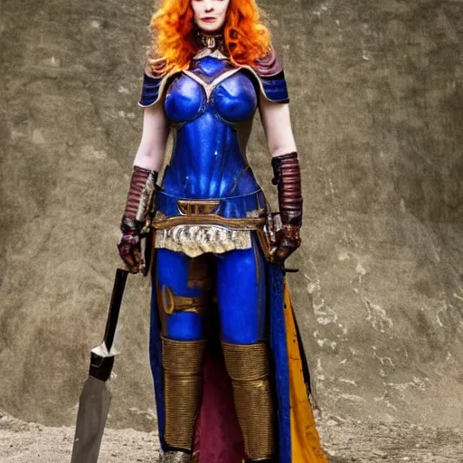 Prompt: full body photo of christina hendricks as a female warrior with lapis lazuli armour