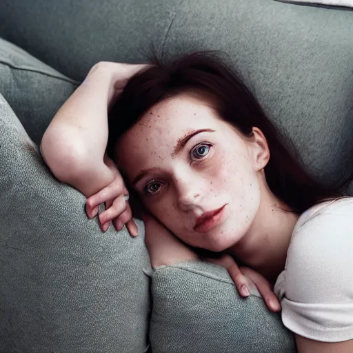 Image similar to portrait of a cute thin young woman, red blush, cute freckles wearing casual clothes, small smile, relaxing on a couch, cozy living room, close up shot, 8 k, art by diego fazio and irakli nadar, hyperrealism, hyperdetailed, ultra realistic