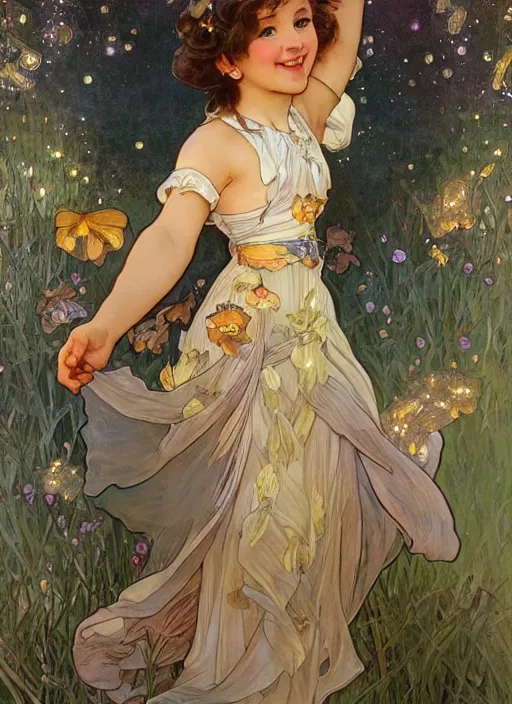 Image similar to a cute little girl with short curly brown hair with a happy expression wearing a summer dress dancing with fireflies, she is in the distance. beautiful fantasy art by by artgerm and alphonse mucha, trending on artstation.