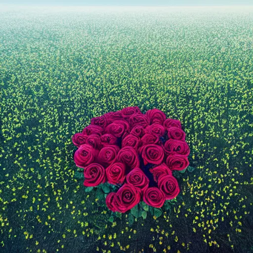 Prompt: a photo of a field of roses with a dark tower in the center. night landscape. 4 k. national geographic. high detail. soft colors. tender photo