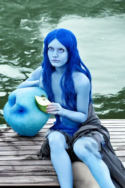 Image similar to close up of a blue skinned triton girl from dnd eating an apple and sitting on the deck of a ship, cosplay, high resolution film still, hdr color