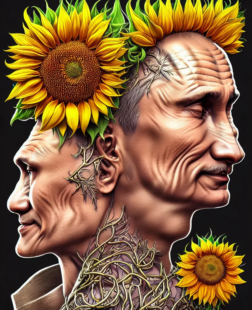 Image similar to digital art, centered full body of Putin smiling king, Sunflower crown, ,intricate, veins, by James Jean and by artgerm , by ross tran ultradetailed, charachter design, concept art, trending on artstation,