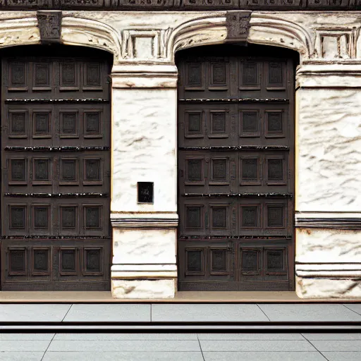 Prompt: hundred different makeshift doors combined on a building facade, ultra detailed, dslr, f 1 1, frontal view