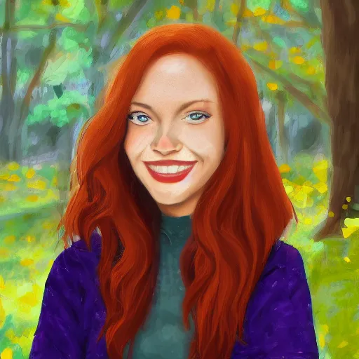 Image similar to Fullbody picture of Young woman with auburn hair looking into the camera and smiling slightly, digital painting, 8k