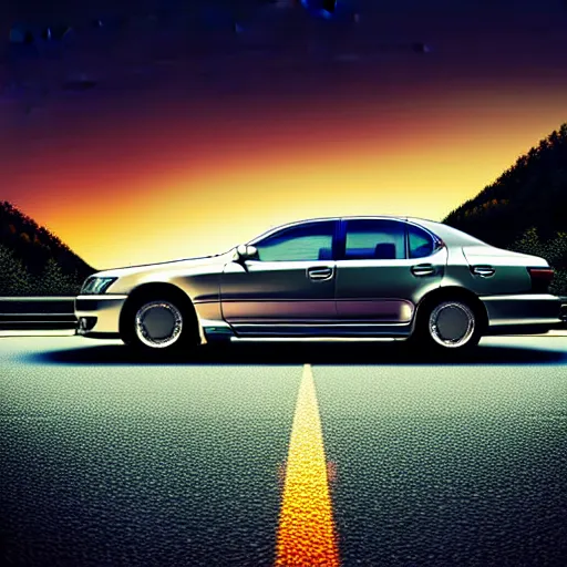 Prompt: a car Lexus LS400 VIP in middle of road, gunma prefecture, city sunset night, cinematic color, photorealistic, highly detailed