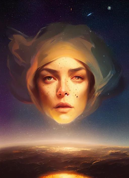 Image similar to an giant face in space, stars, glowing, space, dark, beautiful, fine details. night setting. realistic shaded lighting poster by craig mullism, artgerm, jeremy lipkin and michael garmash, unreal engine, radiant light, detailed and intricate environment, digital art, trending on art station,