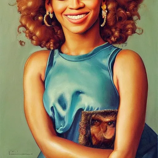 Image similar to Beyonce at a birthday party, head and shoulders portrait, extremely detailed masterpiece, Roger Deakin’s cinematography, oil on canvas, Norman Rockwell.