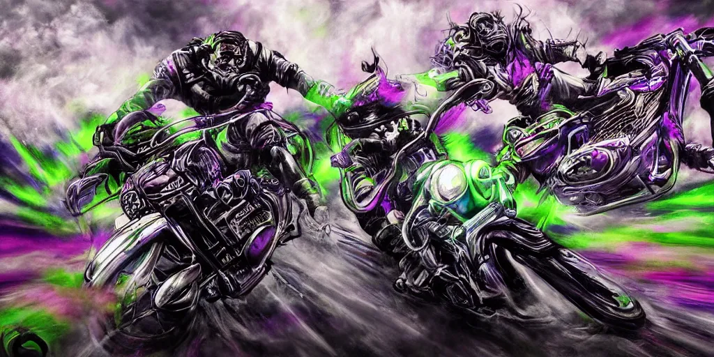 Image similar to psychedelic blacklight airbrush artwork, motorcycles, hyper stylized action shot of orc bikers racing on motorcycles, menacing orcs, drifting, skidding, wheelie, clear focused details, soft airbrushed artwork, black background, post - apocalypse, cgsociety, artstation, peter palombi, peter lloyd