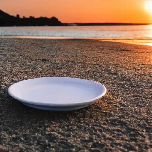 Image similar to professional photo of empty white dish in the middle of a table with a sunset on the beach in the background