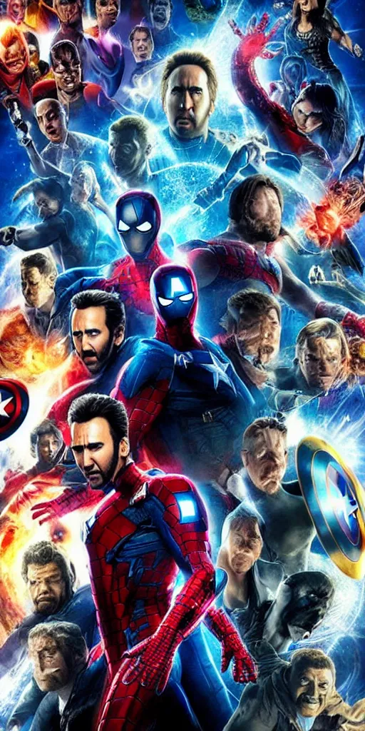 Image similar to a movie poster for a marvel movie but every face is nicolas cage