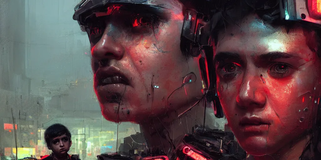 Image similar to extreme closeup on the eyes of a neon guard boy with short dark hair cyberpunk futuristic, in front of a dystopian crowd with piles of garbage by Ismail inceoglu dragan bibin hans thoma, Perfect face, fine details, realistic shaded, fine-face, pretty face